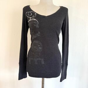Vintage Y2K American Eagle Long Sleeve Graphic T shirt Gray Sz M V neck scoop